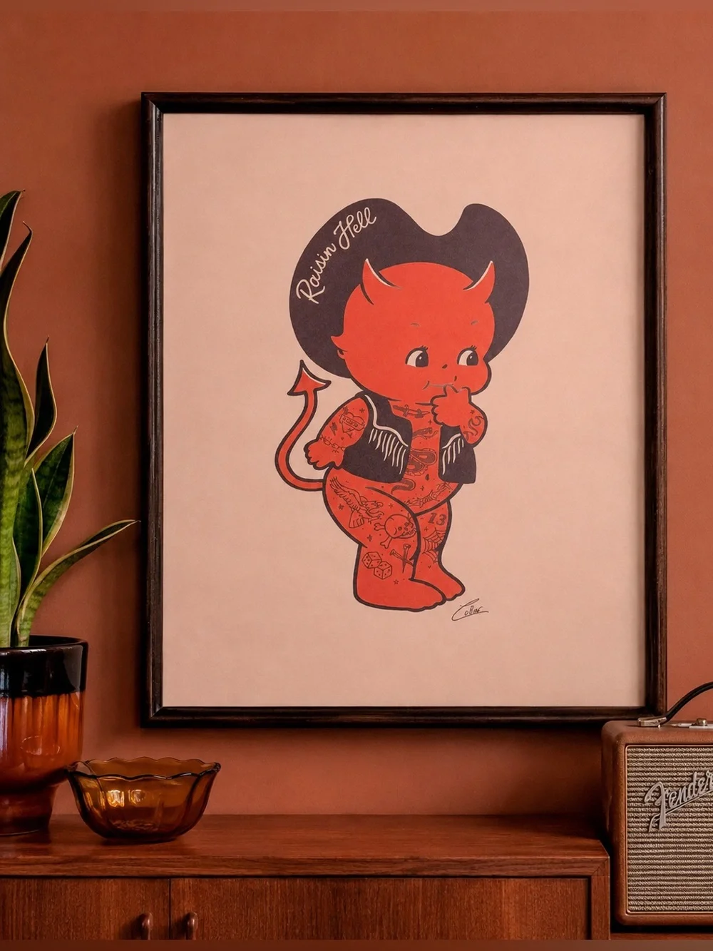 Vintage Kewpie Tattooed Devil Cowboy Wall Art Framed Retro Western Kitsch 17x21”